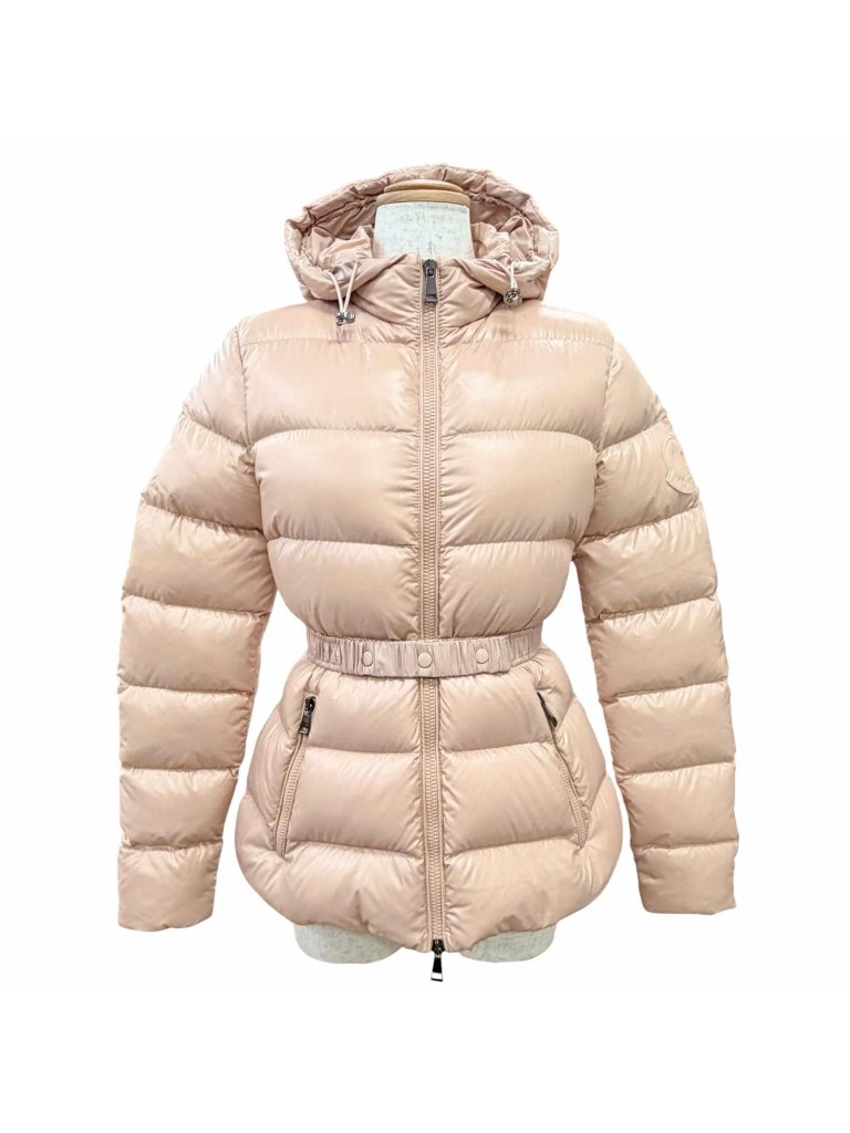 Moncler Rhin Logo Patch Belt Hooded Down Jacket Pink Beige 00